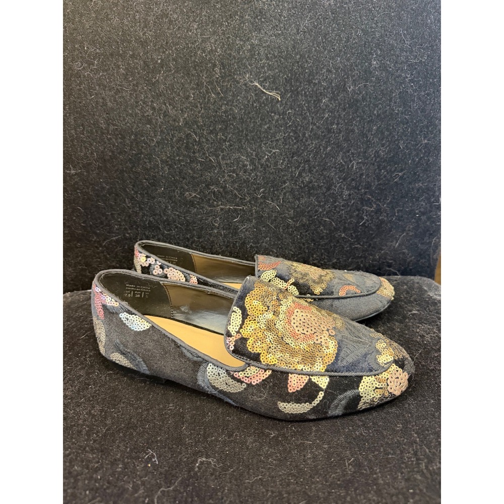 Aldo Sequin Floral Velvet Loafers Black Gold Pink Smoking Flats Womens 7.5